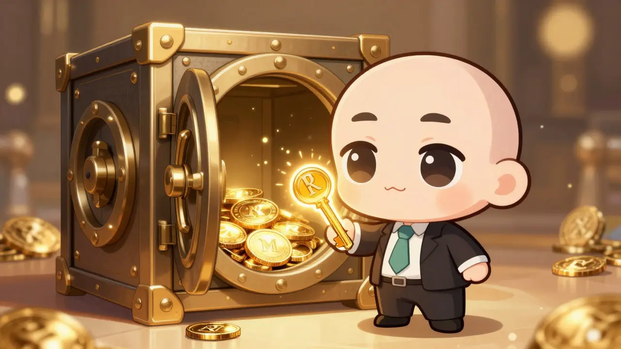 Chibi character holding a golden NFT key to unlock a treasury of MRLN tokens.