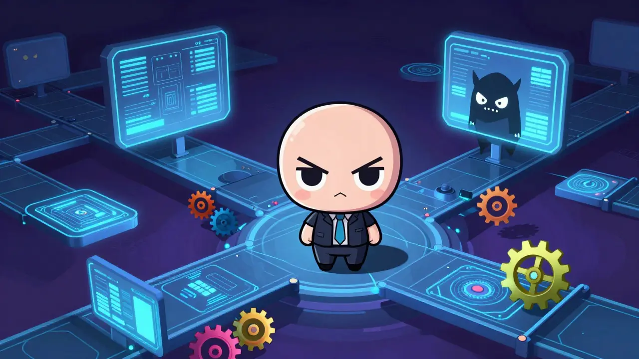 Chibi character in a network of digital bridges with a small shadow monster lurking.