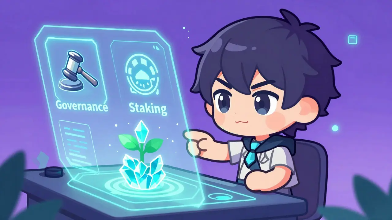 Chibi character managing governance and staking on a futuristic holographic panel.