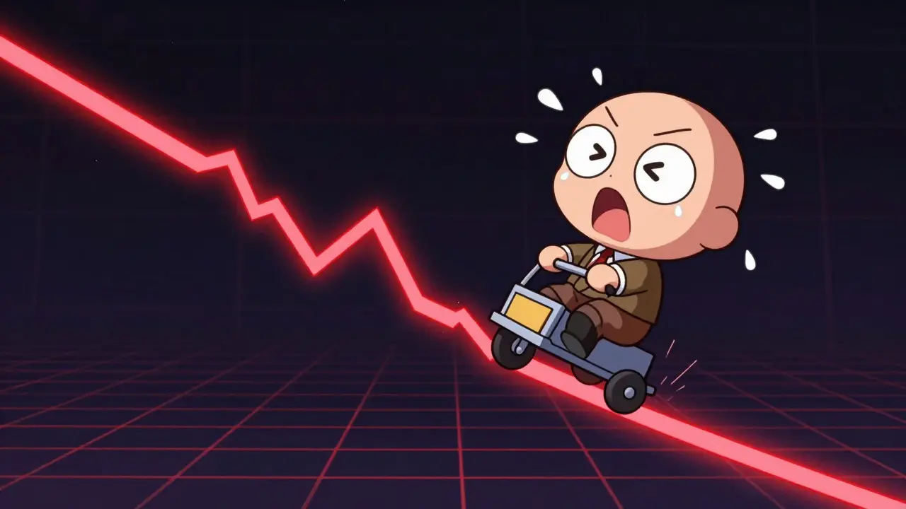 Chibi character on a roller coaster plummeting down a red price chart.