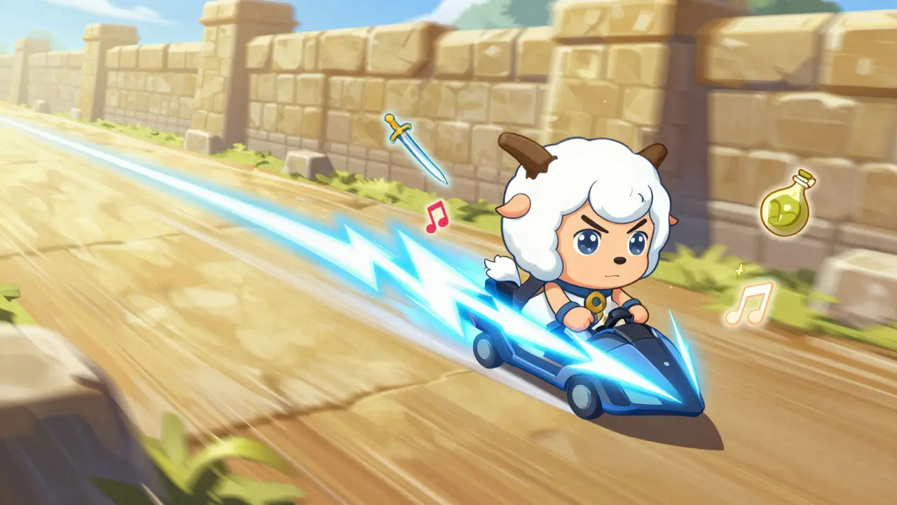 Chibi character riding a lightning bolt through a digital world with gaming and streaming icons.