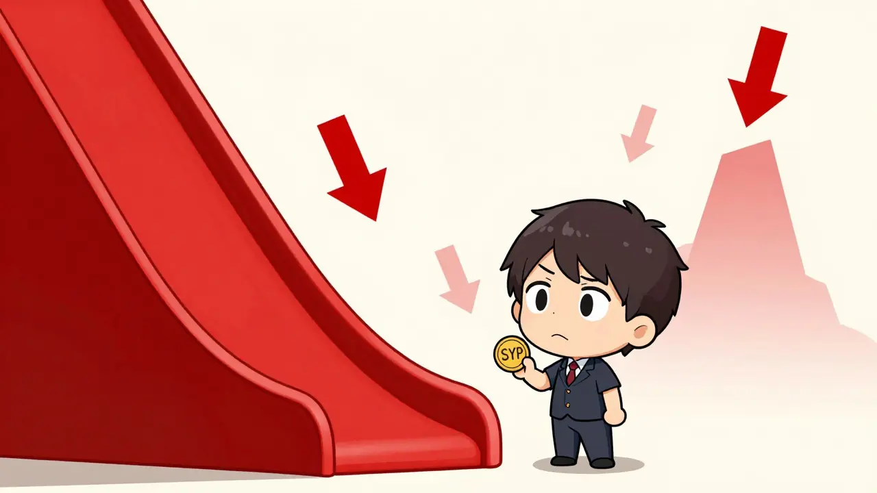 Chibi character standing by a steep red slide symbolizing a cryptocurrency price drop.