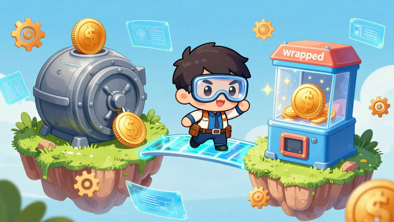 Chibi engineer building a glowing bridge to transfer assets between two digital islands.