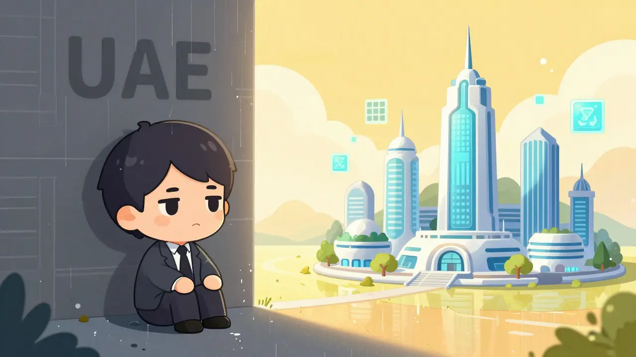Chibi entrepreneur looking from a grey area toward a bright, futuristic city