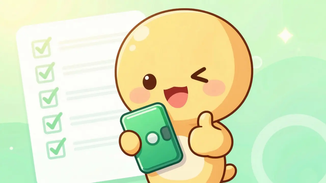 Chibi investor holding hardware wallet device with happy expression.