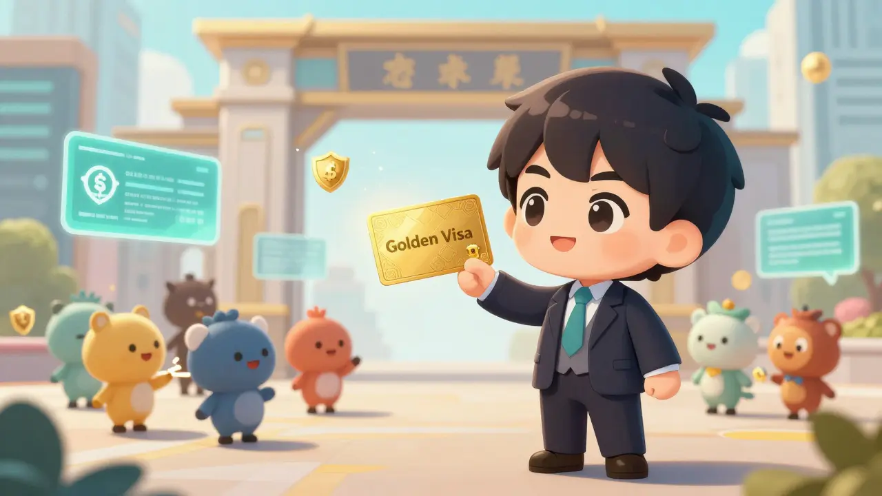 Chibi investor with a Golden Visa and friends in a futuristic crypto community