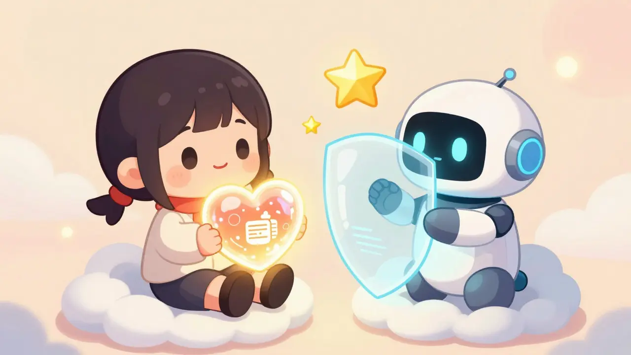 Chibi person and friendly AI robot processing a glowing private data orb