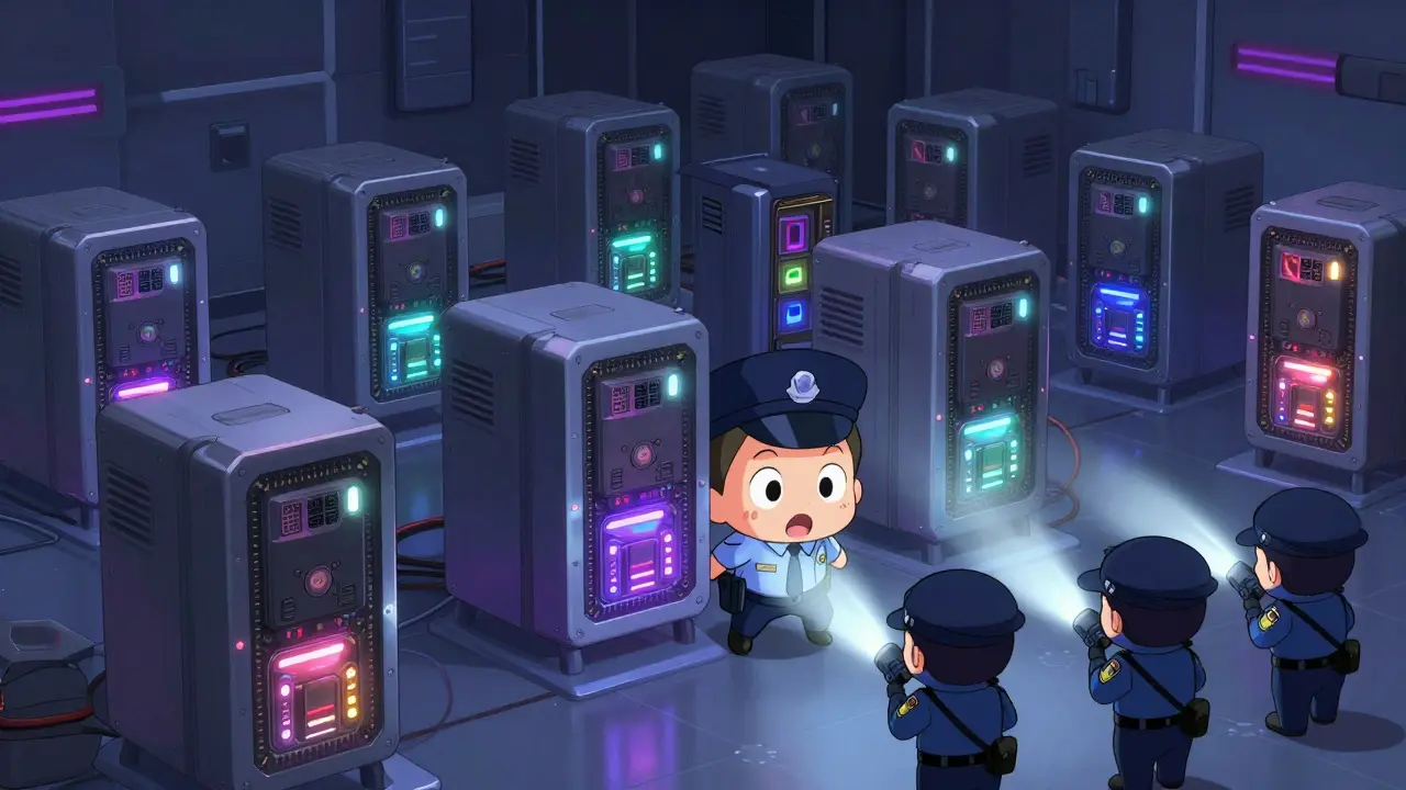 Chibi police officers discovering a hidden room of glowing crypto mining rigs