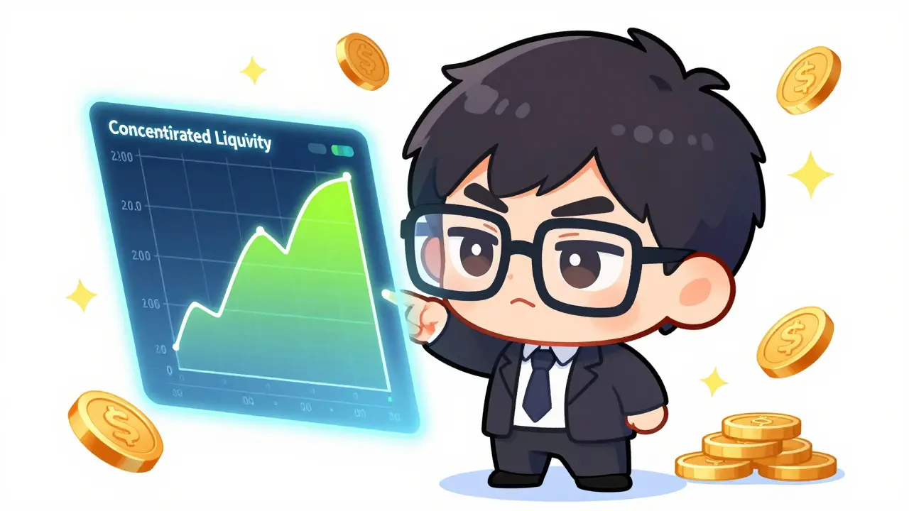 Chibi professional trader analyzing a neon holographic price range chart.