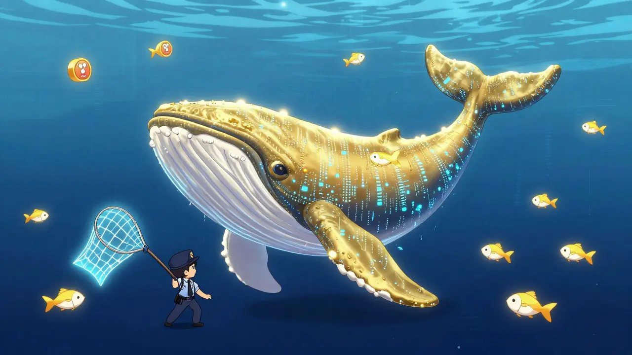 Chibi SEC agent capturing a massive digital gold whale with a holographic net