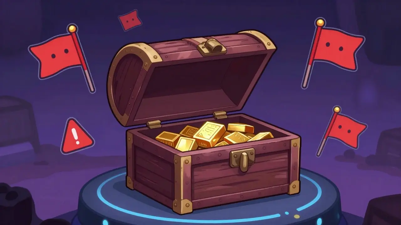 Chibi style empty treasure chest with red flag warning icons.
