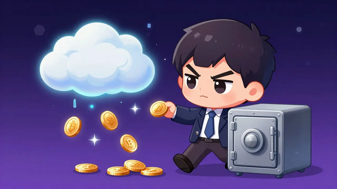 Chibi trader moving digital coins into a secure metal cold wallet safe