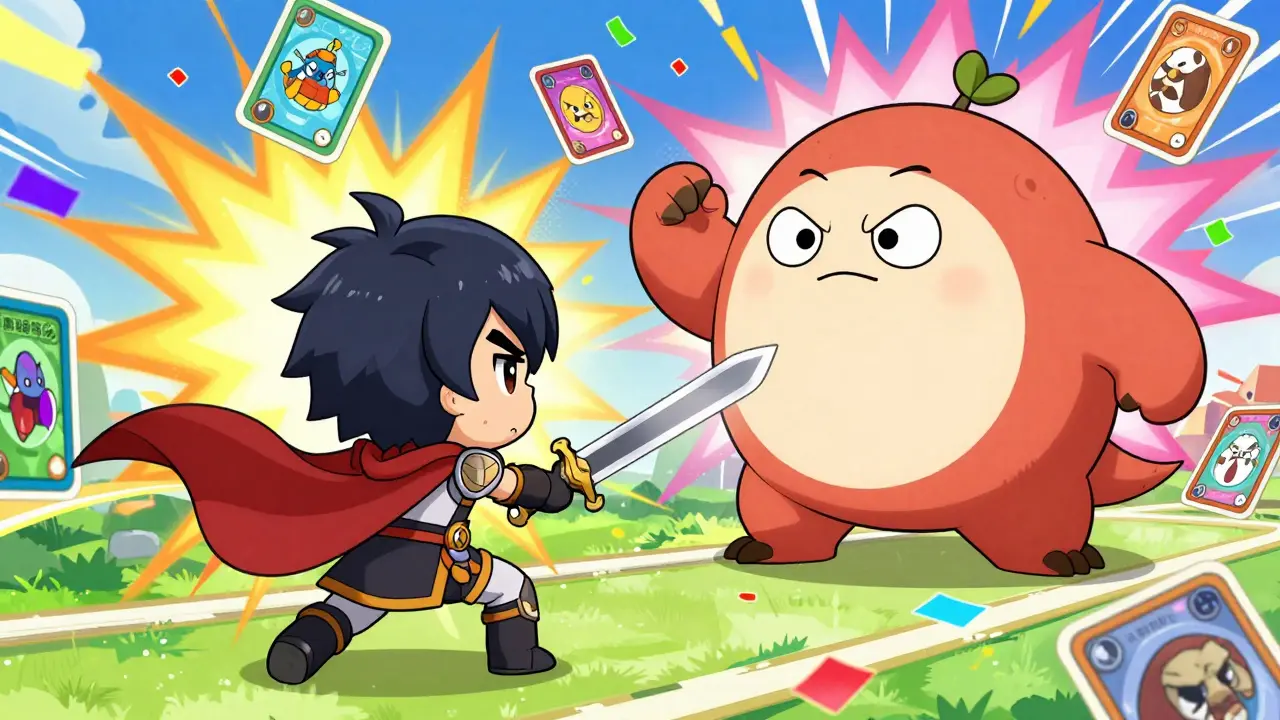 Chibi warrior battling a funny meme creature in a colorful trading card game