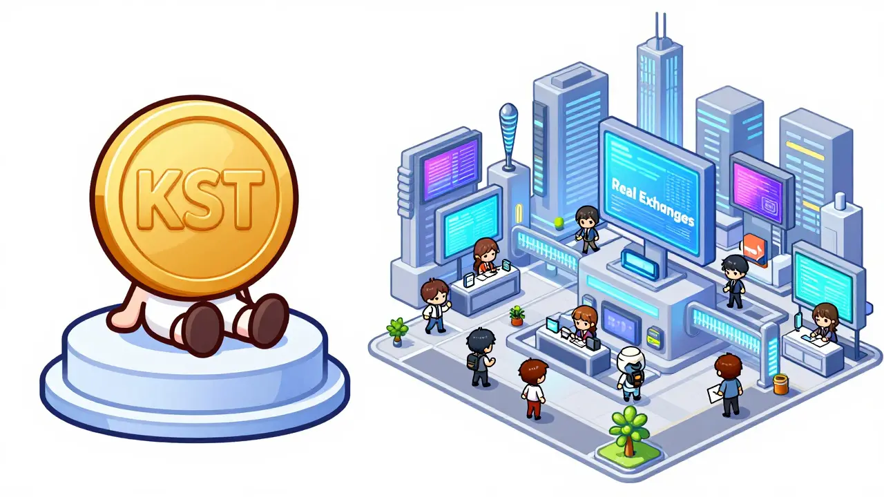 Comparison between a single chibi KST token and a busy miniature digital trading city.