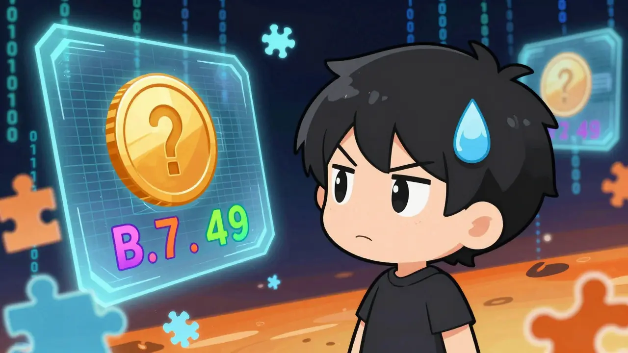 Confused chibi character looking at conflicting cryptocurrency prices