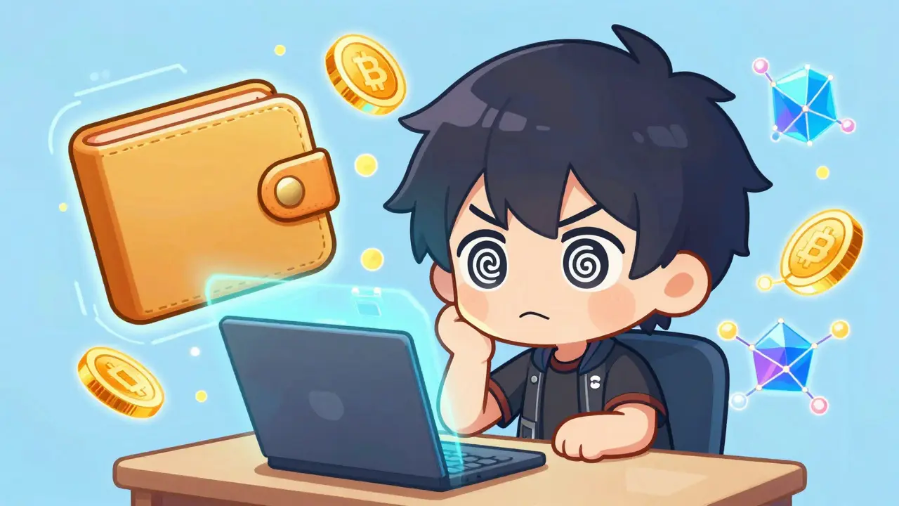 Confused chibi character surrounded by floating crypto wallets and blockchain symbols.