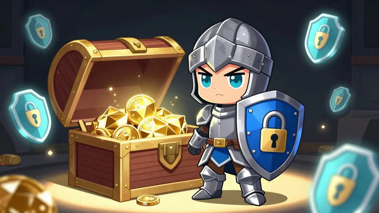 Cute character guarding glowing coins with a large shield and locks.