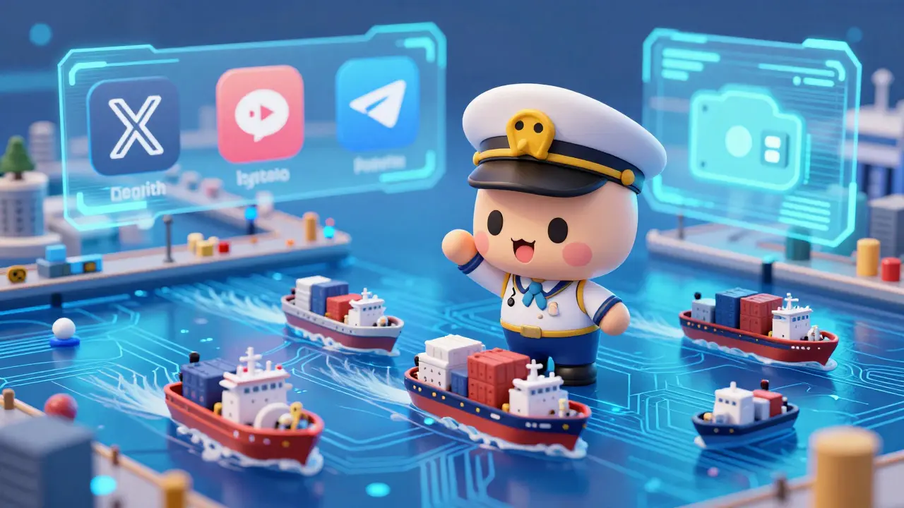 Cute chibi captain managing a fleet of stylized ships in a digital neon ocean.