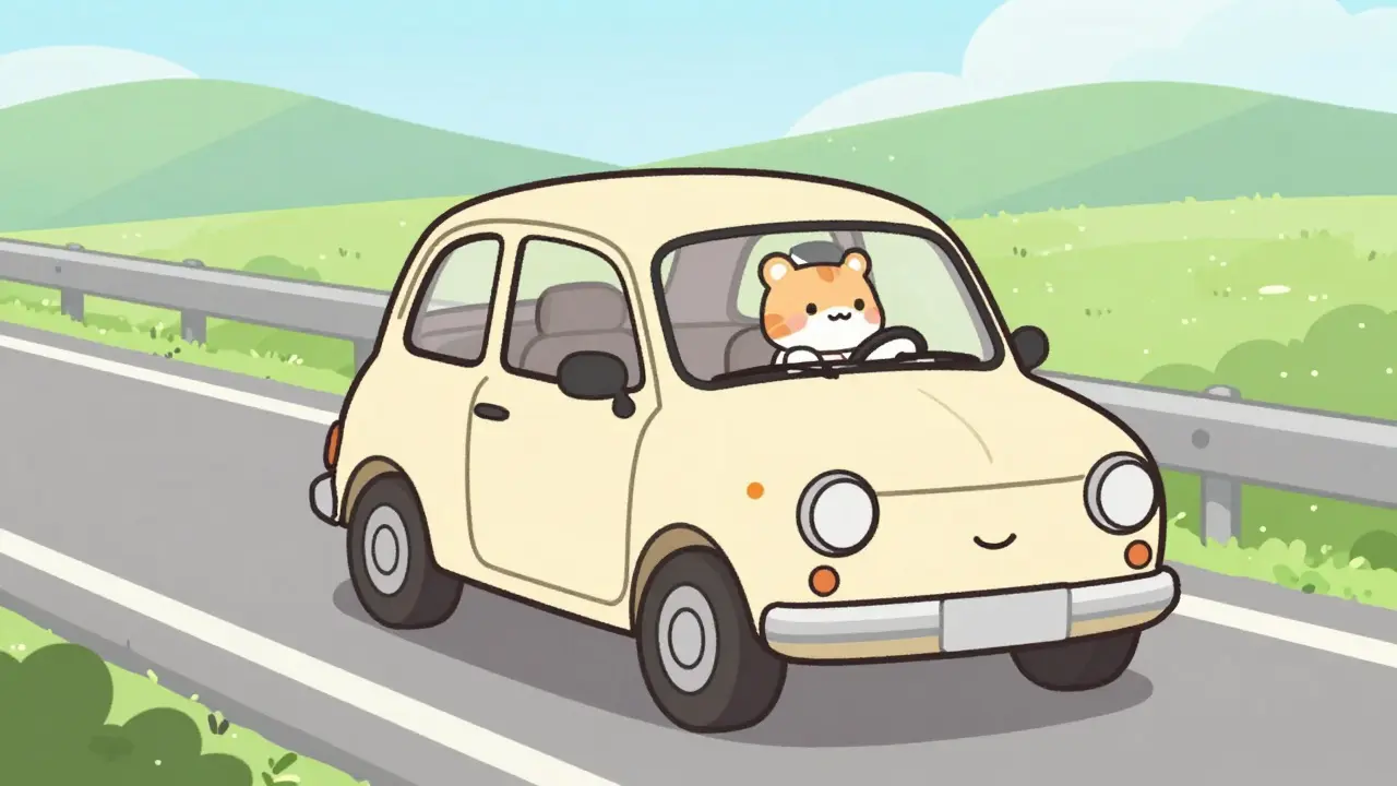 Cute chibi character driving a reliable vintage sedan through a peaceful landscape