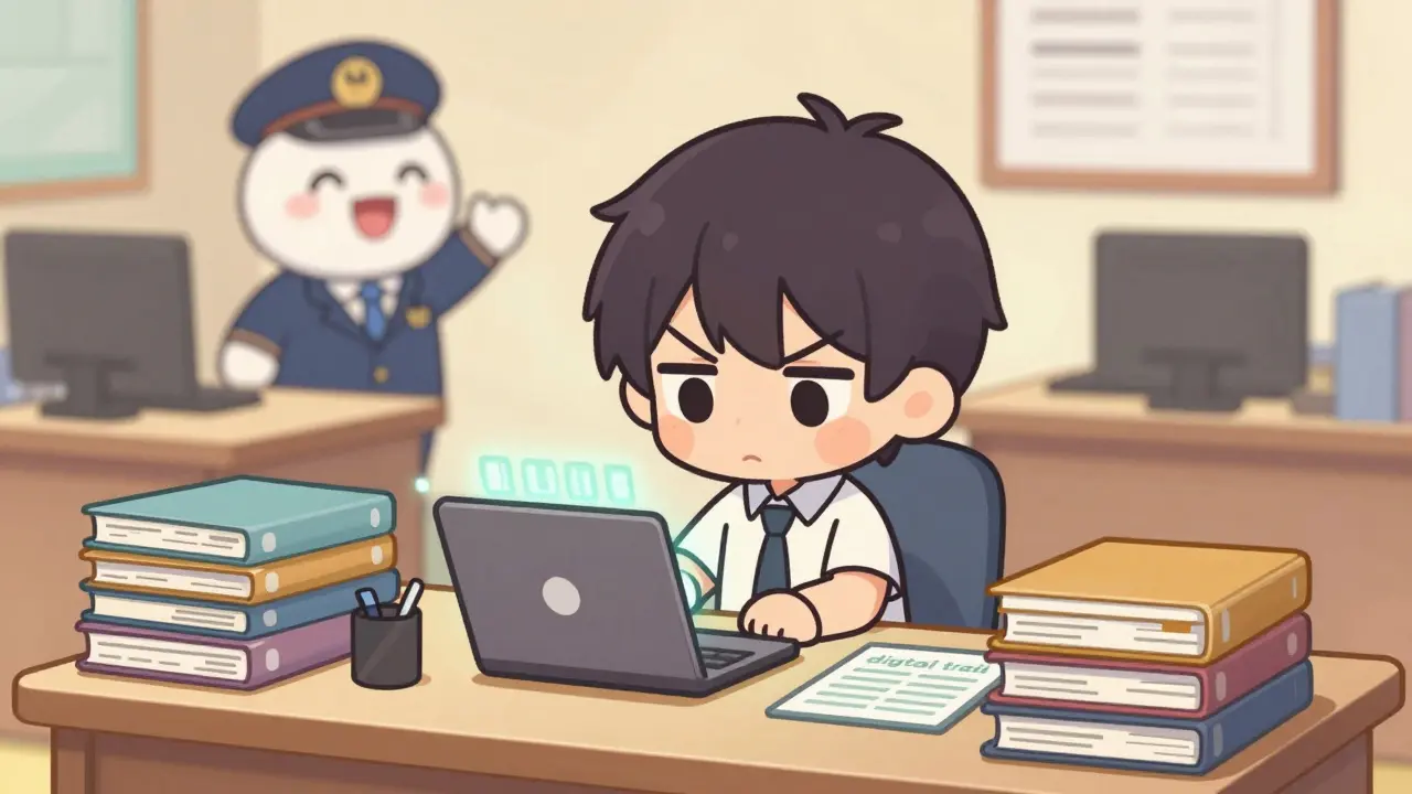 Cute chibi character organizing crypto tax records at a desk with a digital ledger.