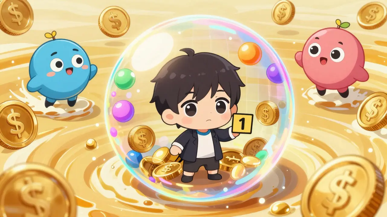 Cute chibi character trapped in a digital bubble while other coins swim in a golden ocean.
