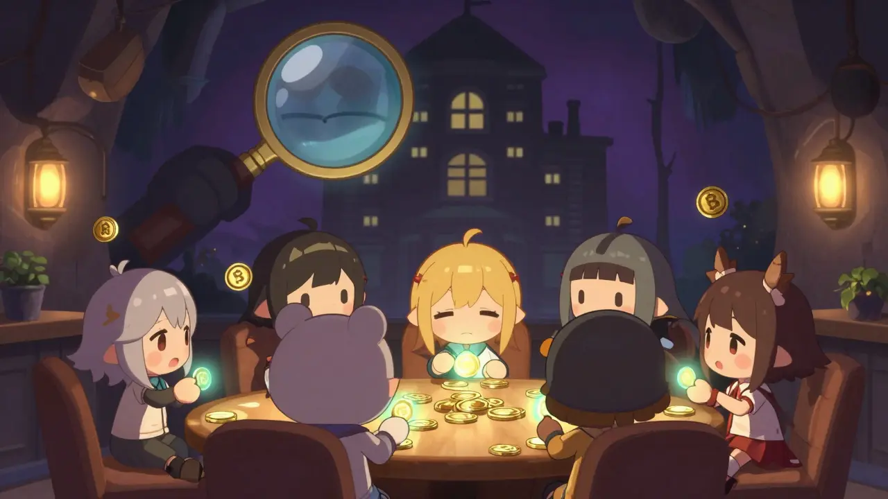 Cute chibi characters trading private coins in a secret underground lounge.