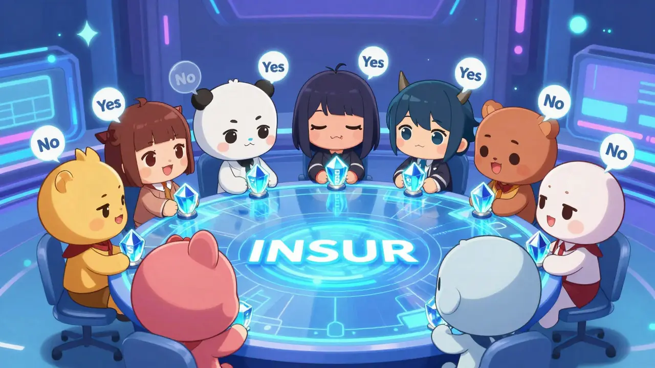 Cute chibi crypto holders voting on a claim using glowing INSUR tokens at a holographic table