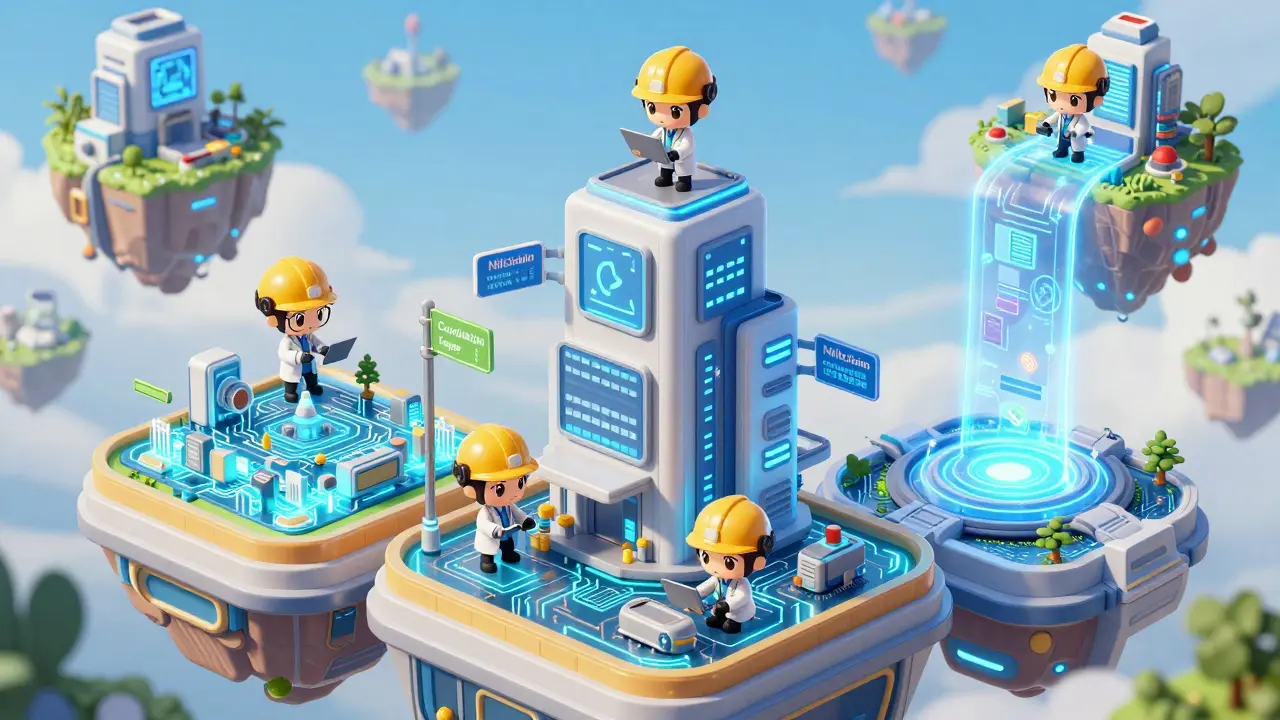 Cute chibi engineers in a miniature futuristic city with three architectural layers