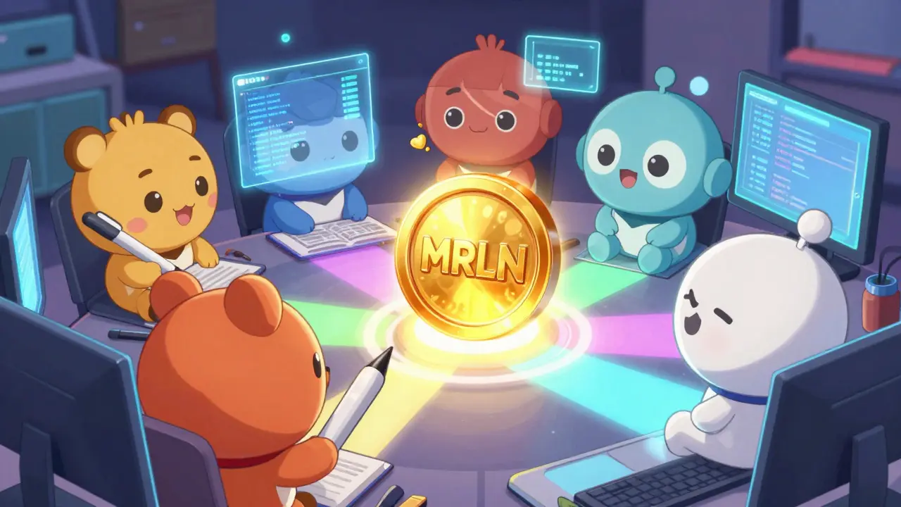 Cute chibi freelancers and developers connected by a glowing MRLN token in a digital workspace.