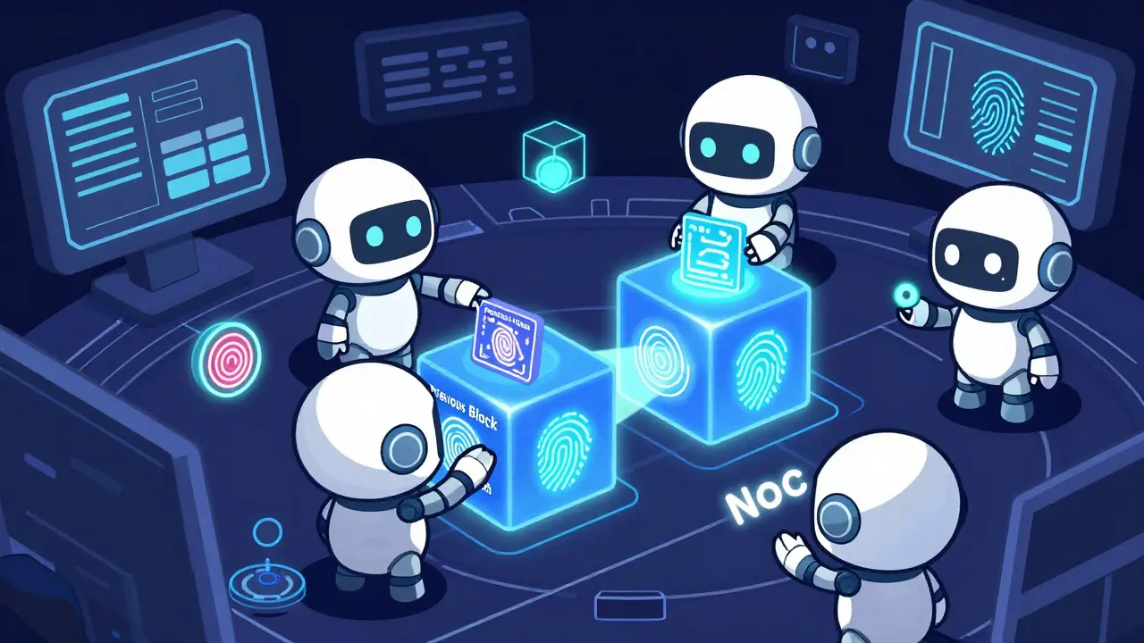 Cute chibi robots organizing digital hashes and nonces inside a block header.