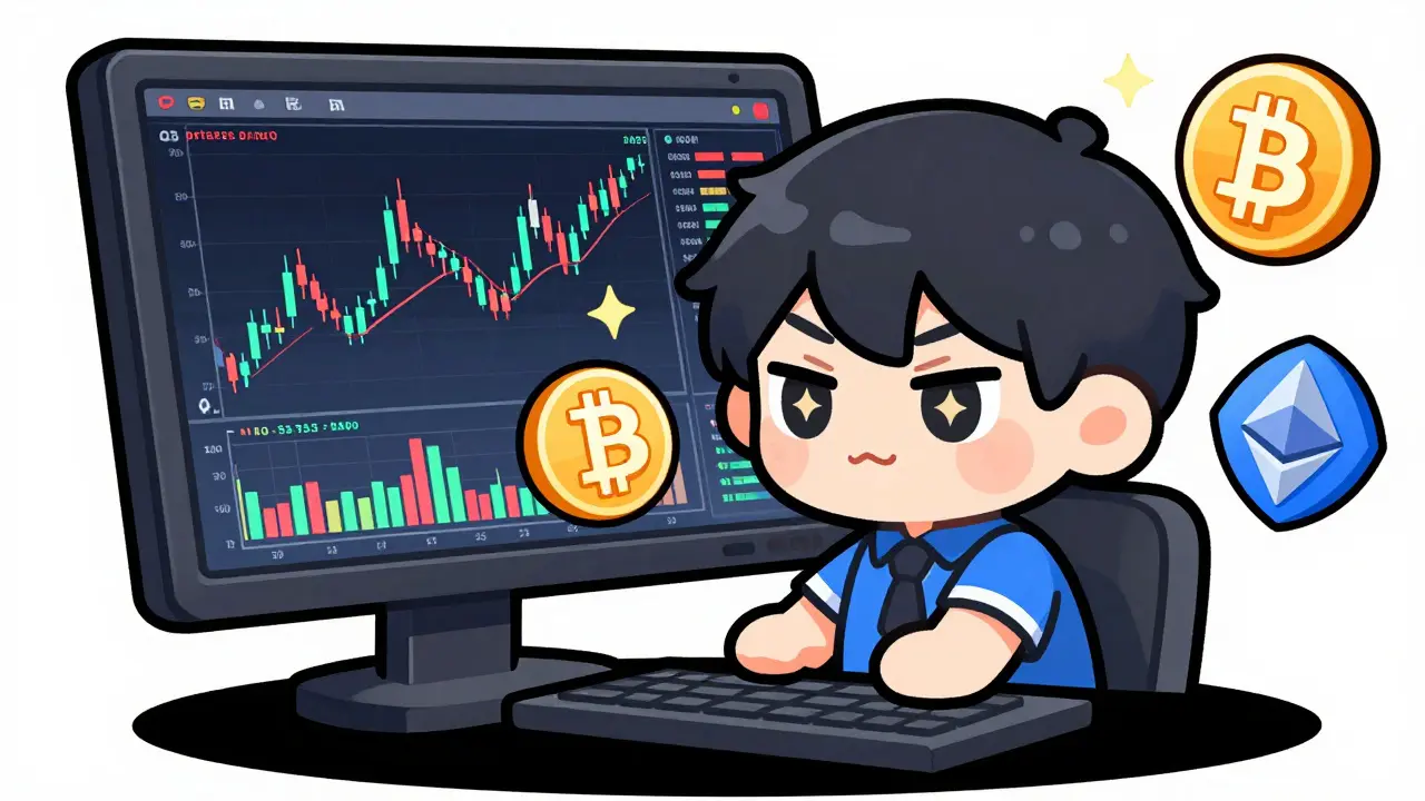 Cute chibi trader analyzing cryptocurrency charts on a large monitor.