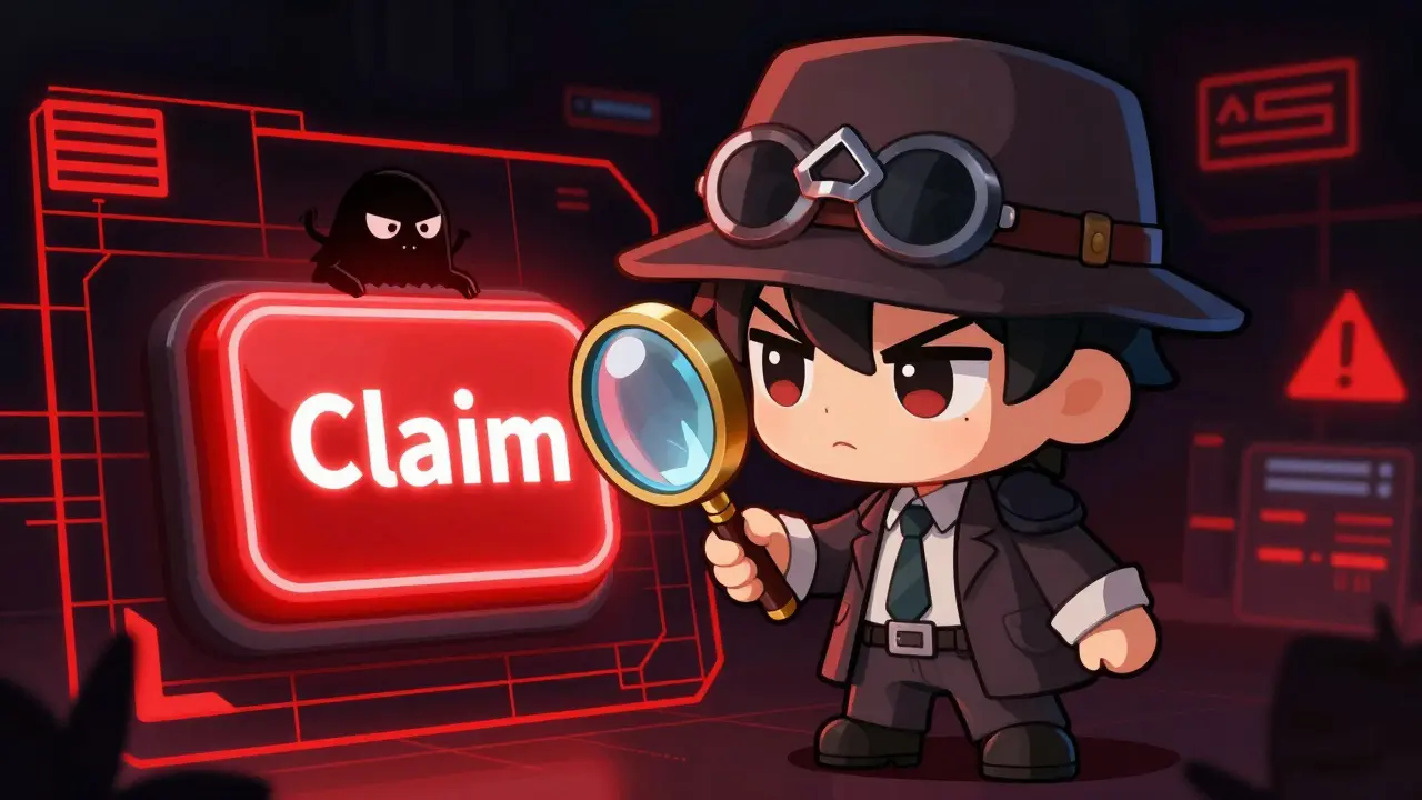 Detective chibi character investigating a suspicious red claim button in cyberspace.
