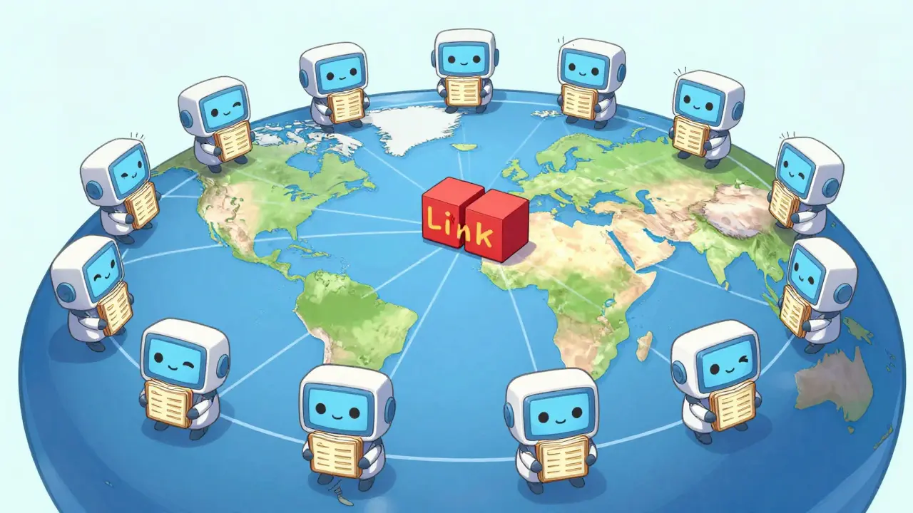 Network of chibi robots across Earth rejecting a modified, red blockchain block.