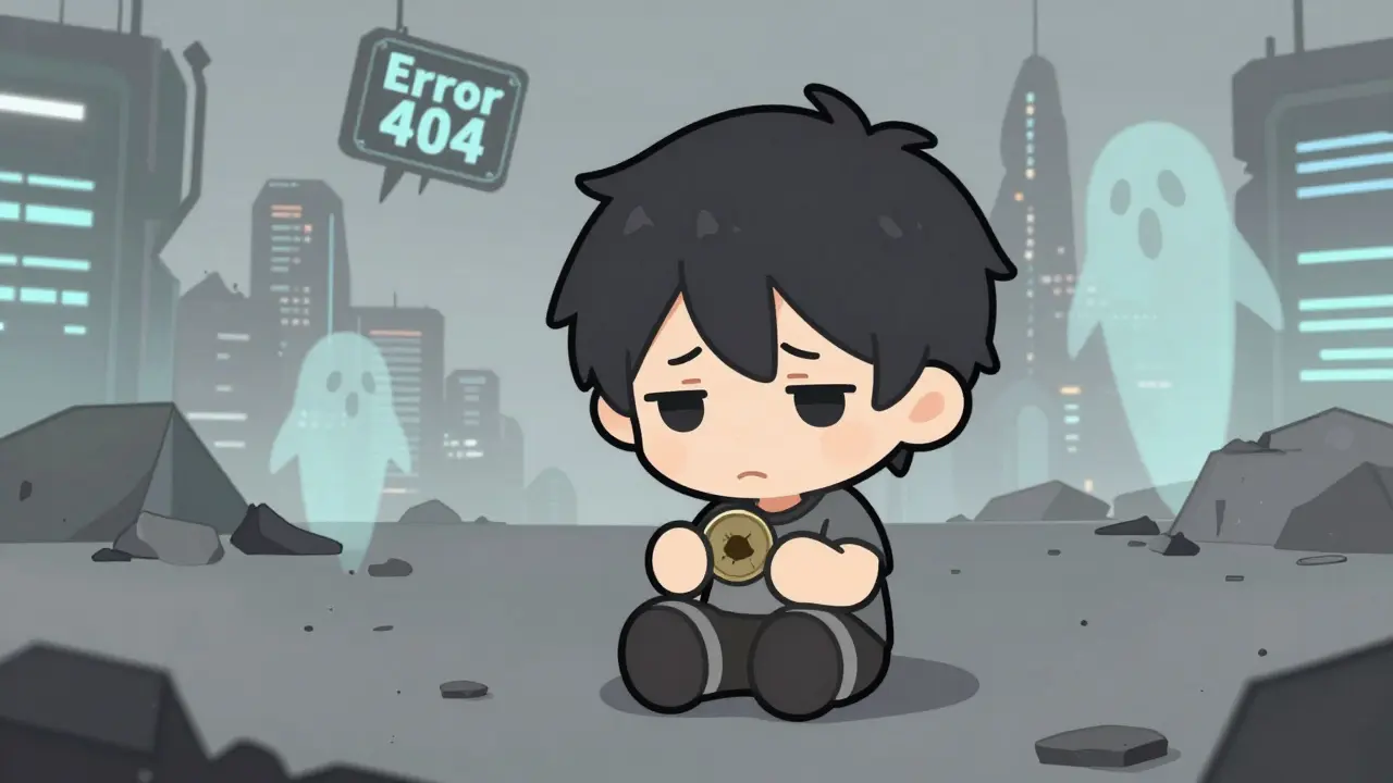 Sad chibi character in a grey, crumbling digital city with a faded token.