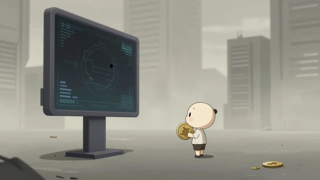 Sad chibi character in an empty digital city holding a single coin