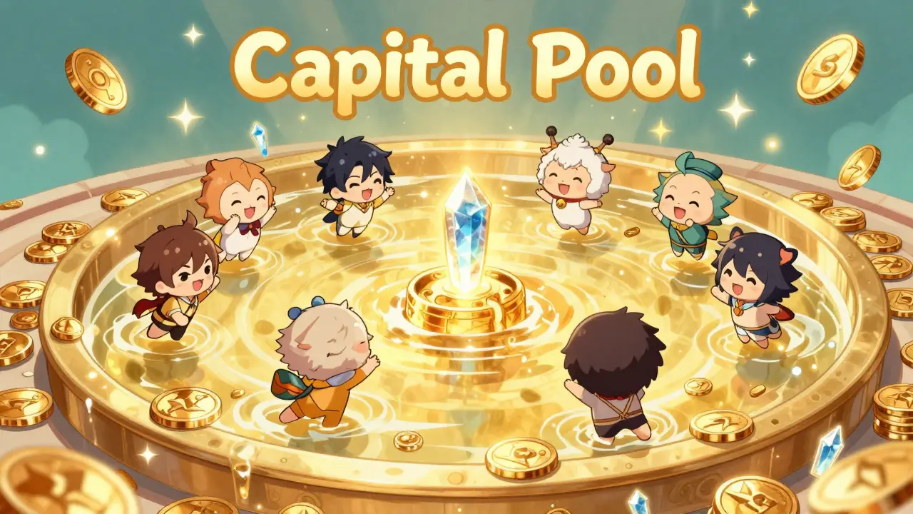 Tiny chibi characters relaxing in a shimmering golden pool of crypto assets and tokens