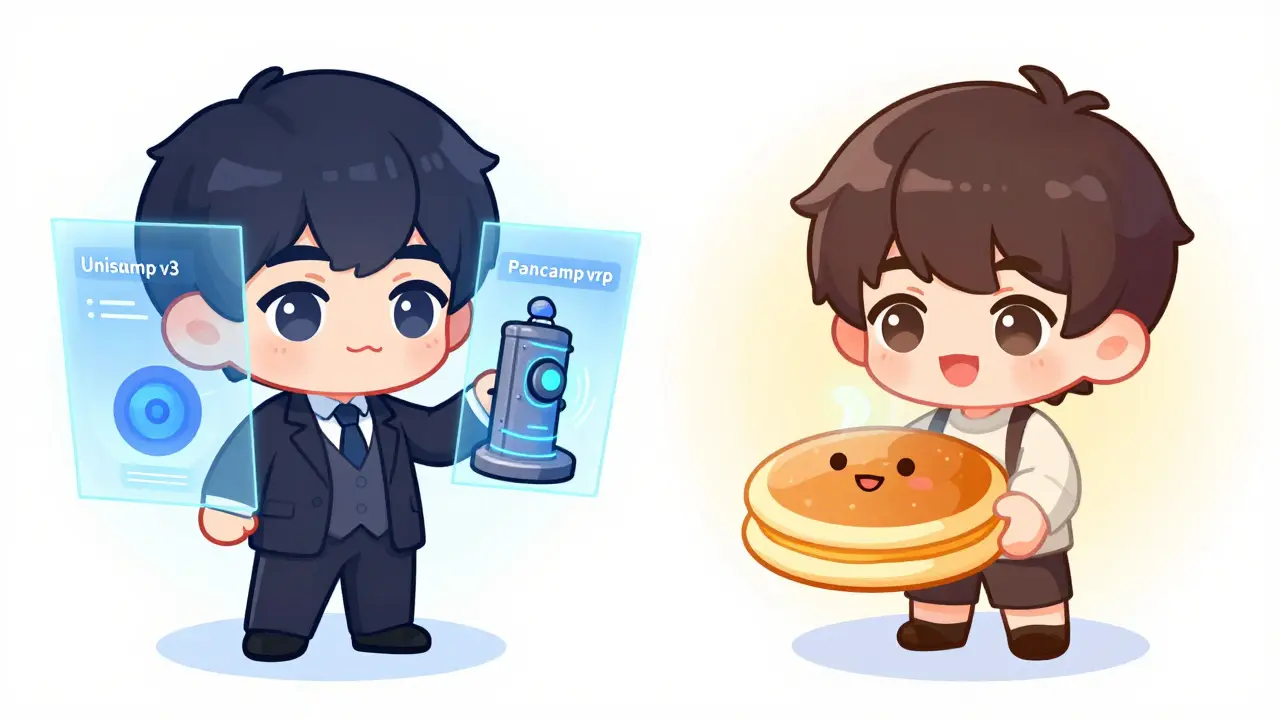 Two chibi characters comparing a complex digital machine and a pancake-shaped portal.