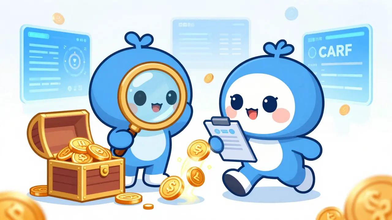 Two chibi characters representing CRS and CARF tracking digital assets and transactions.