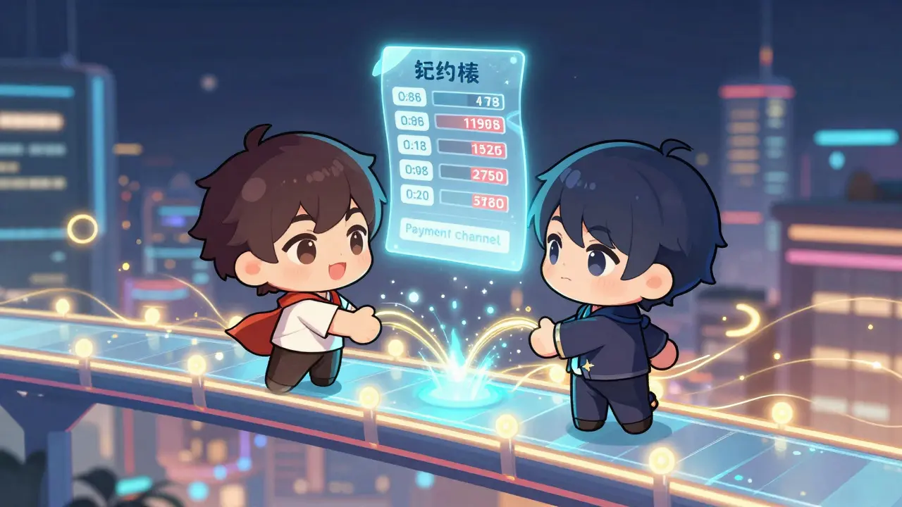 Two chibi characters shaking hands over a glowing digital payment bridge.