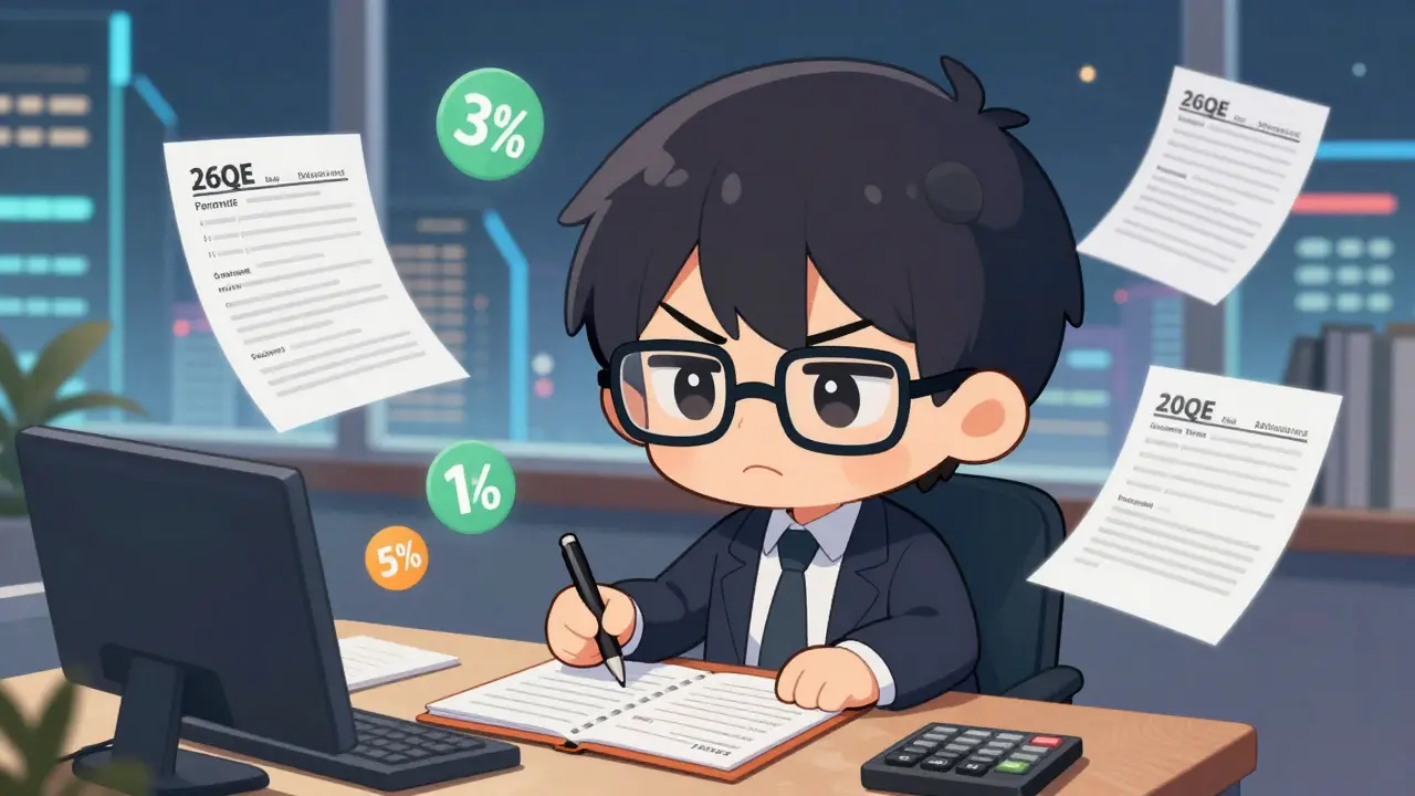 Chibi accountant managing crypto tax forms and compliance