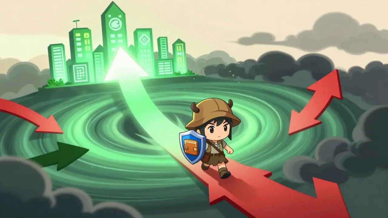 Chibi adventurer navigating a volatile market vortex between opportunity and risk in anime style.