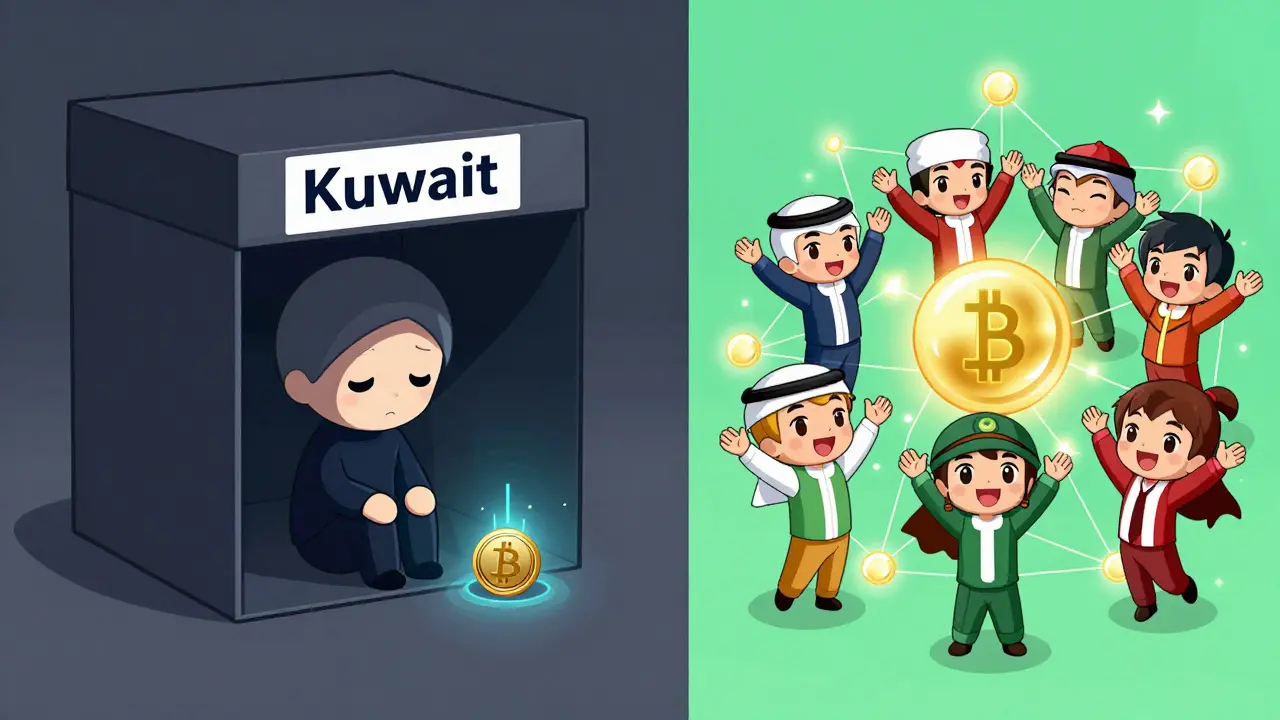 Chibi art contrasting Kuwait's crypto ban with neighbors' acceptance.