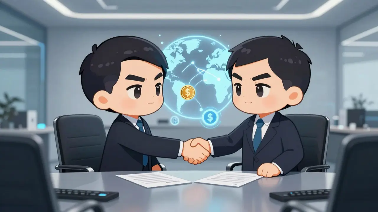 Chibi businessmen shaking hands with floating crypto tokens symbolizing international trade.