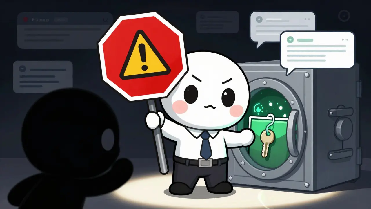 Chibi character blocking scammer with shield near wallet