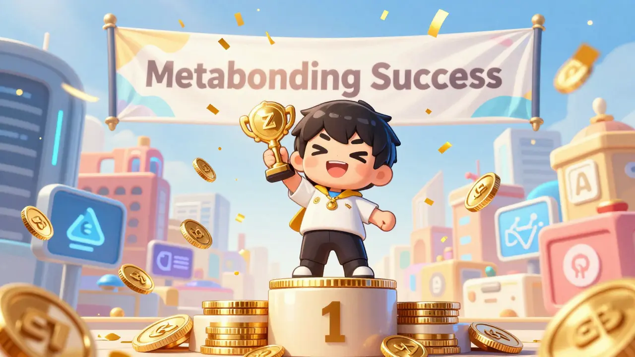 Chibi character celebrating rewards with EGLD coins and confetti