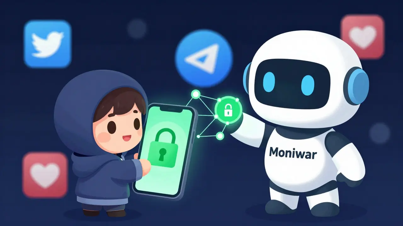 Chibi character connecting a secure wallet app with blockchain nodes