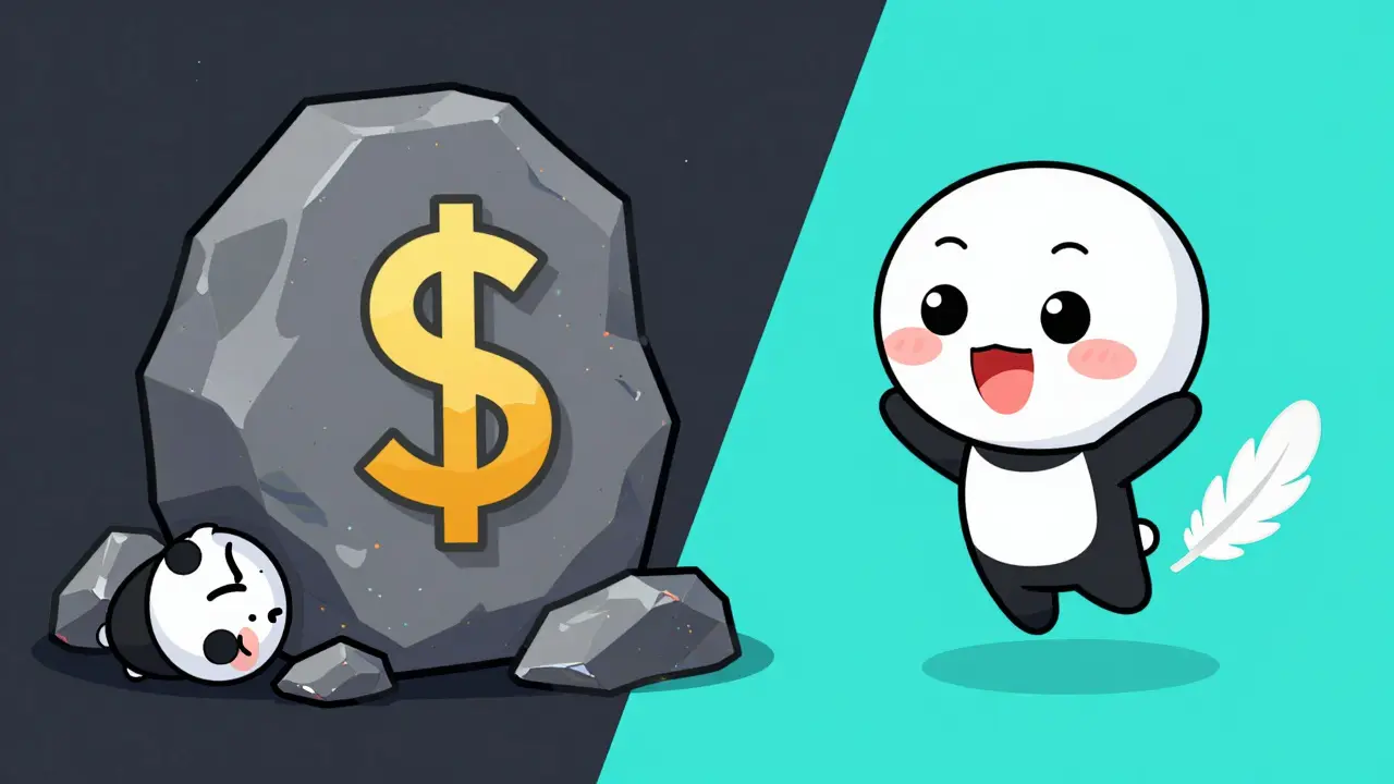 Chibi character crushed by heavy fee rock vs one floating on a light feather