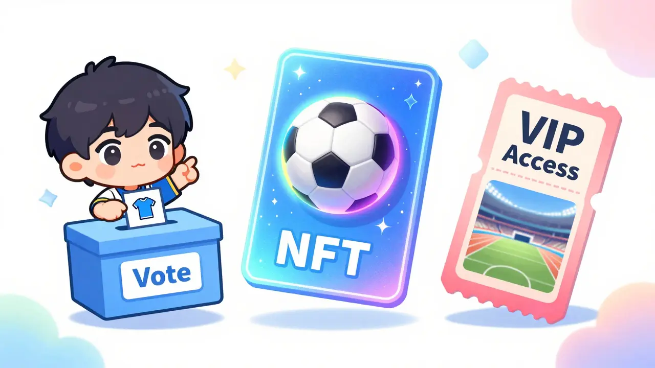 Chibi character interacting with voting, NFT, and VIP ticket icons