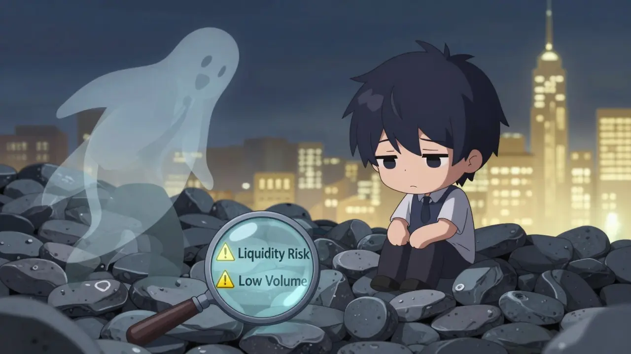 Chibi character sitting on worthless tokens with no buyers