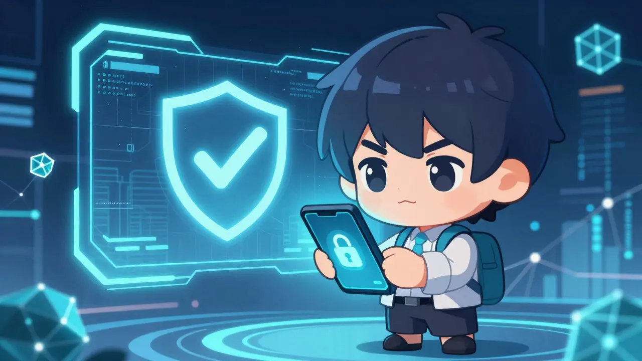 Chibi character using a secure phone with digital shield
